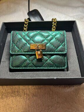 Kurt Geiger London Micro Brixton Metallic Quilted Metallic Green NIB
